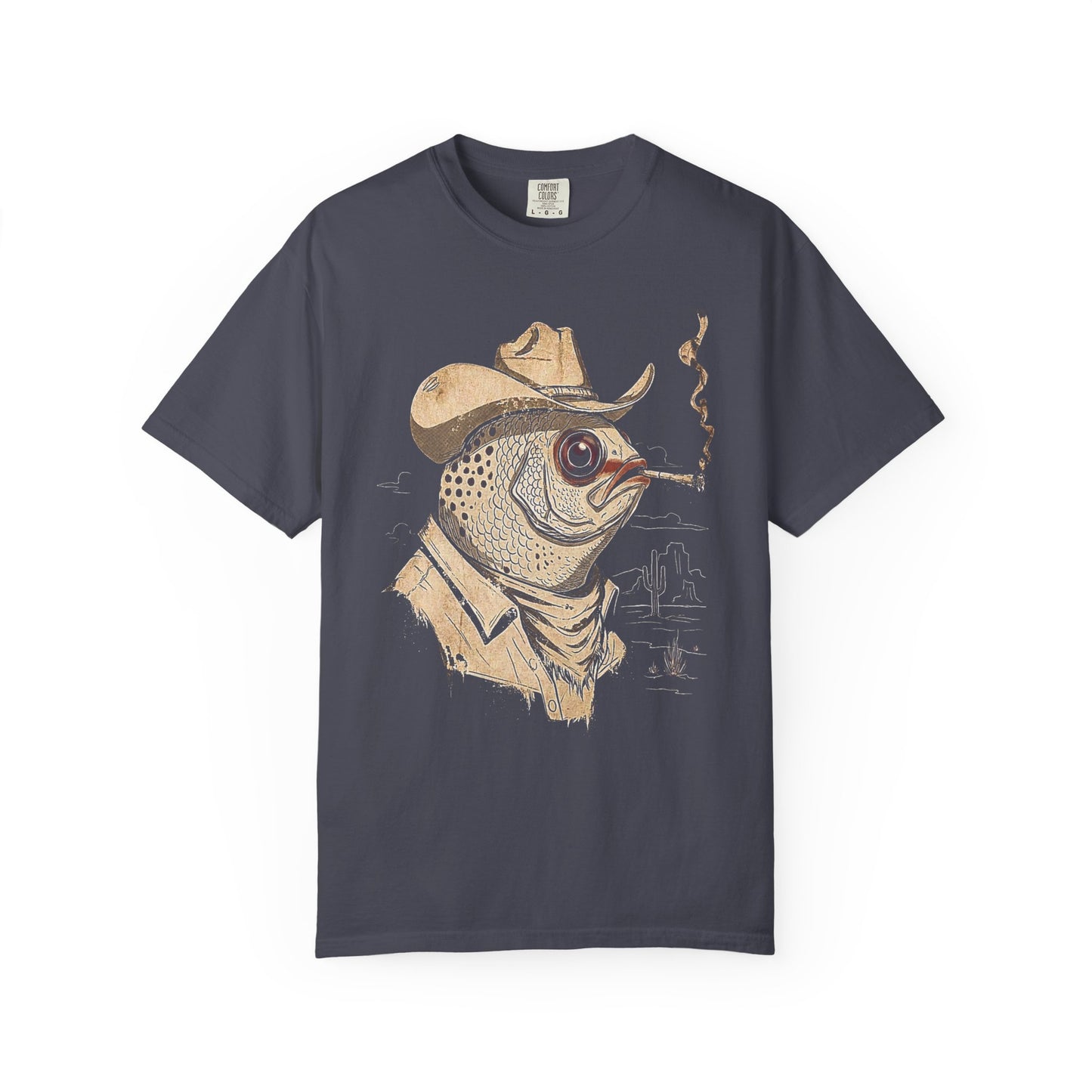 Broke Reefers saltwater aquarium graphic t-shirt featuring a moody, artistic illustration of a fish dressed as a cowboy in the desert, navy crew neck tee