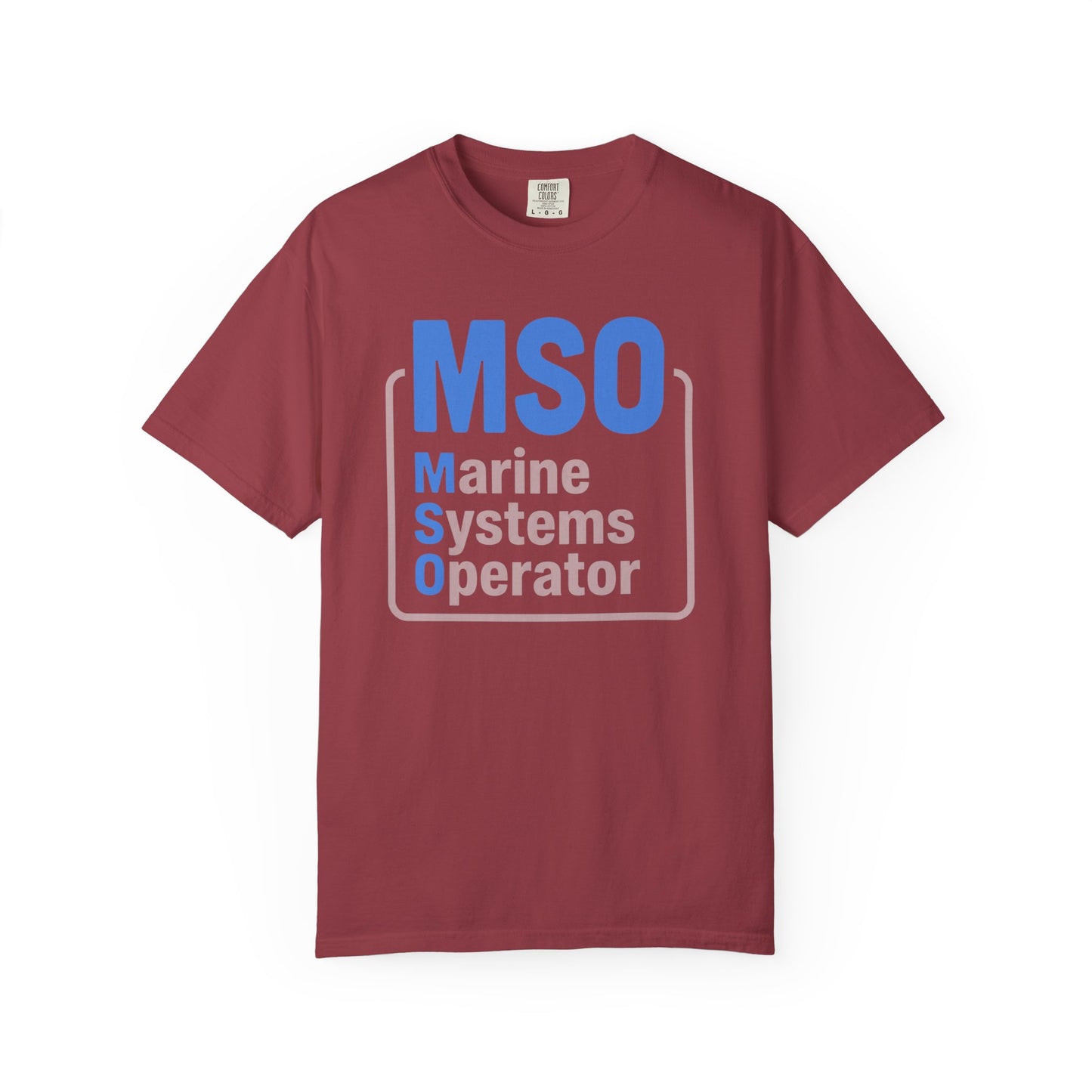 Broke Reefers saltwater aquarium graphic t-shirt featuring modern, bold typography that reads: MSO Marine Systems Operator, maroon crew neck tee