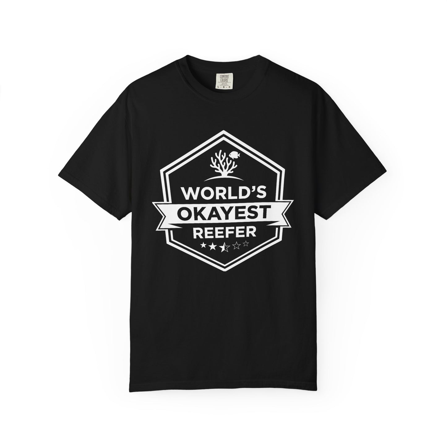 Broke Reefers graphic t-shirt featuring a badge-style illustration with the text: WORLD’S OKAYEST REEFER, black crew neck tee