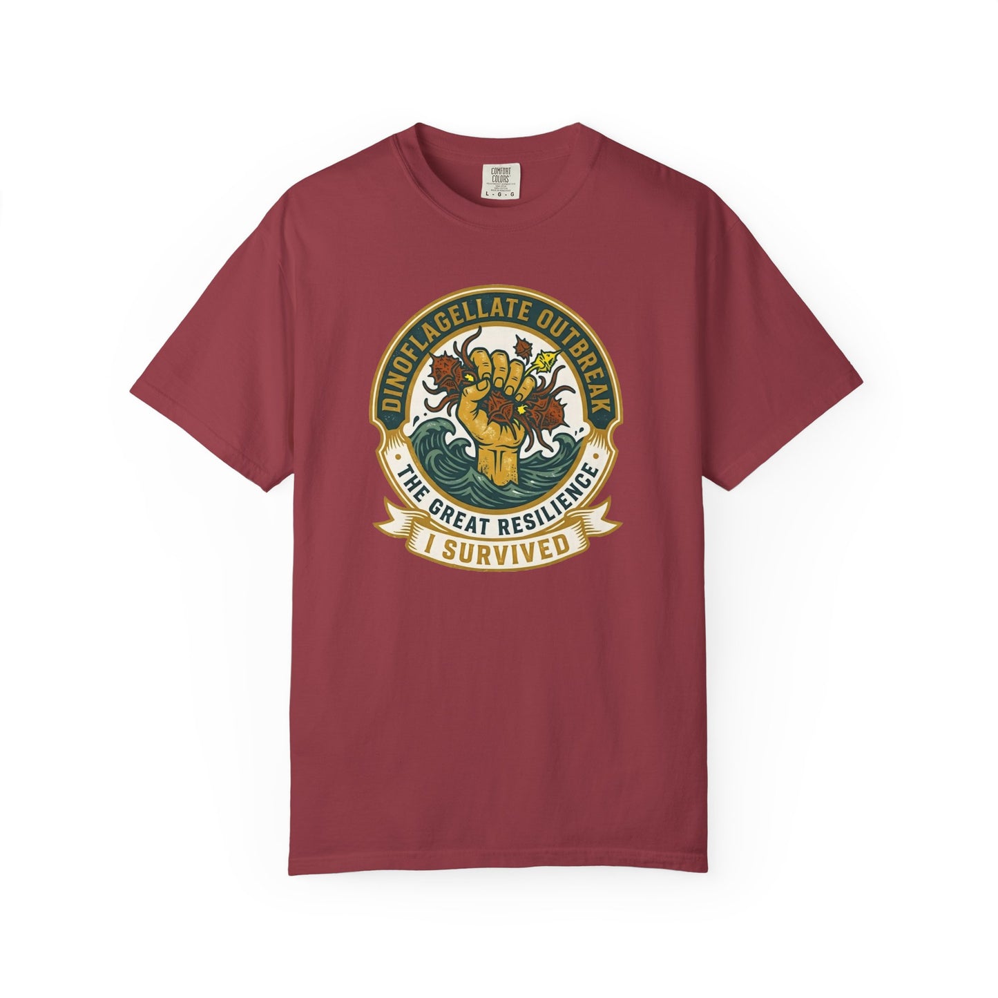 Broke Reefers graphic t-shirt featuring a victory-themed emblem with the text: DINOFLAGELLATE OUTBREAK, THE GREAT RESILIENCE, I SURVIVED, maroon crew neck tee
