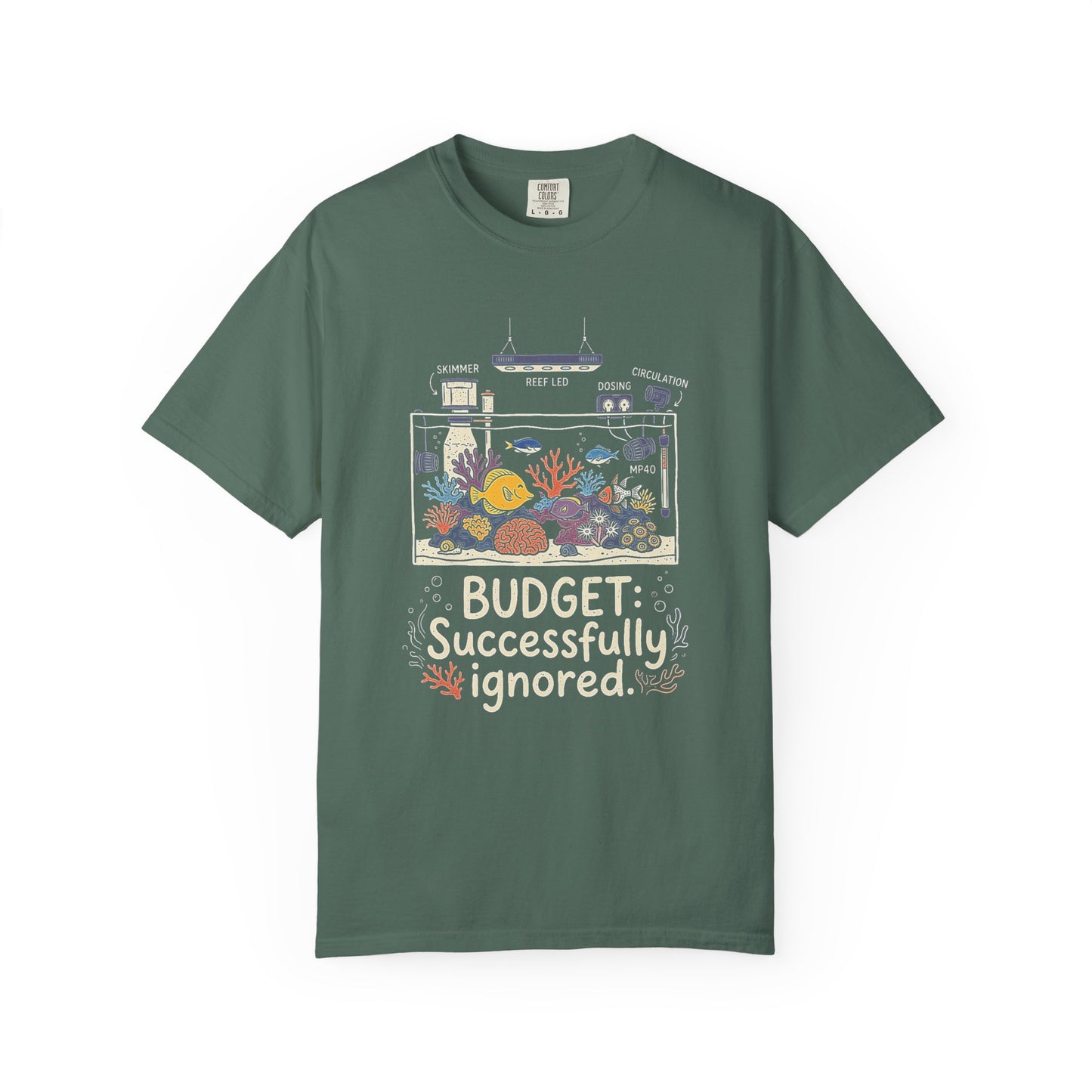 Broke Reefers saltwater aquarium graphic t-shirt featuring an aquarium equipment schematic with the text: BUDGET: Successfully ignored, military green crew neck tee