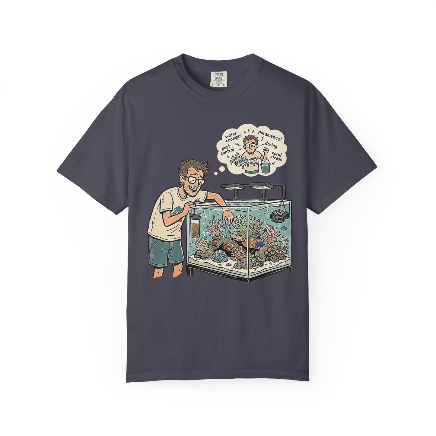 Broke Reefers saltwater aquarium graphic t-shirt featuring a detailed illustration of a reef-keeper tending to their tank with a thought bubble of reefing chores, navy crew neck tee