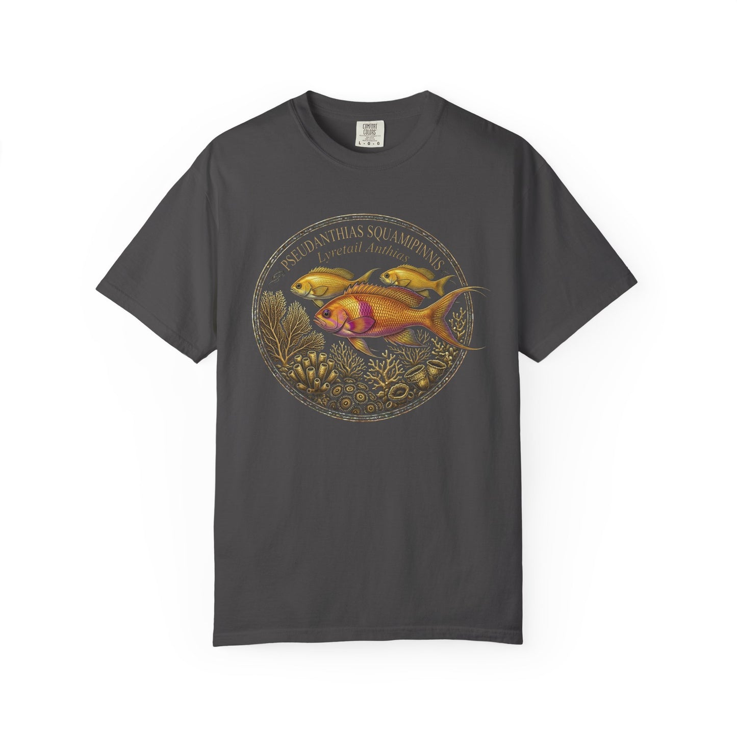Broke Reefers graphic t-shirt featuring a detailed, circular illustration of Lyretail Anthias fish with the text: PSEUDANTHIAS SQUAMIPINNIS, Lyretail Anthias, khaki crew neck tee