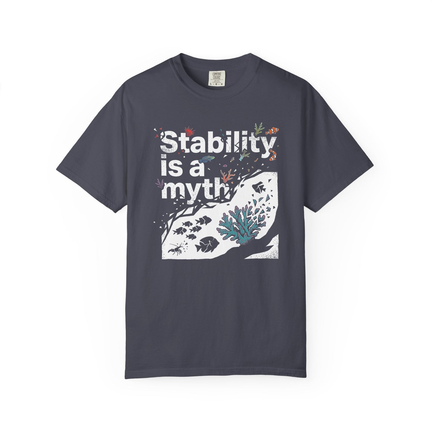 Broke Reefers graphic t-shirt featuring a fragmented, artistic illustration of reef life with the text: STABILITY IS A MYTH, navy crew neck tee