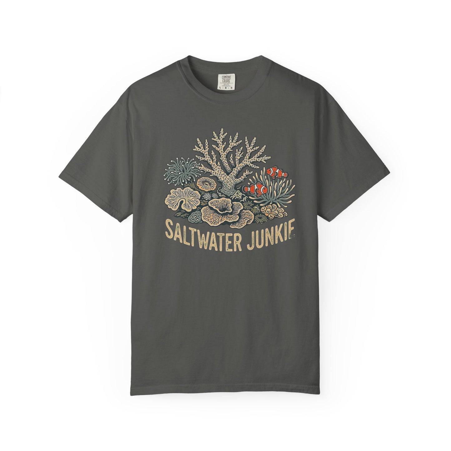 Broke Reefers graphic t-shirt featuring a detailed illustration of a coral reef with clownfish and the text: SALTWATER JUNKIE, dark khaki crew neck tee