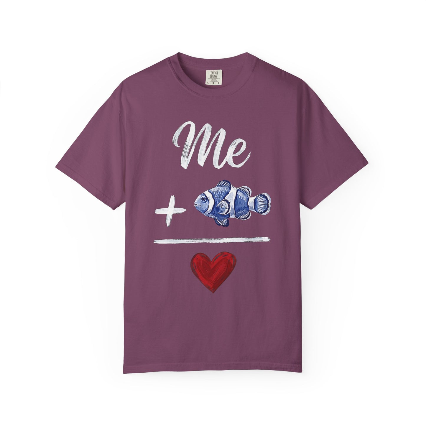 Broke Reefers saltwater aquarium graphic t-shirt featuring a hand-painted style illustration of a clownfish with the equation: Me + [Clownfish Icon] = [Heart Icon], purple crew neck tee