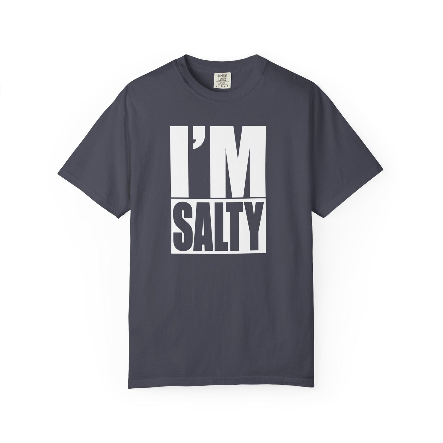 Broke Reefers graphic t-shirt featuring a bold, minimalist block-text design that reads: I’M SALTY, navy crew neck tee