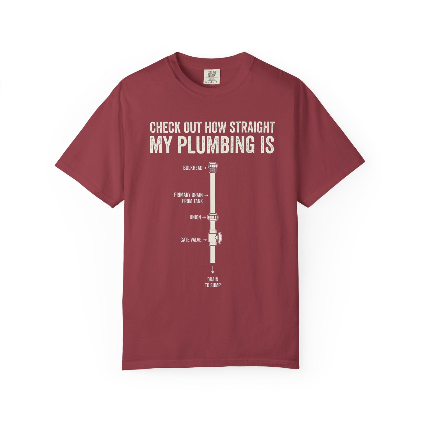 Broke Reefers graphic t-shirt featuring a plumbing diagram illustration with the text: CHECK OUT HOW STRAIGHT MY PLUMBING IS, maroon crew neck tee