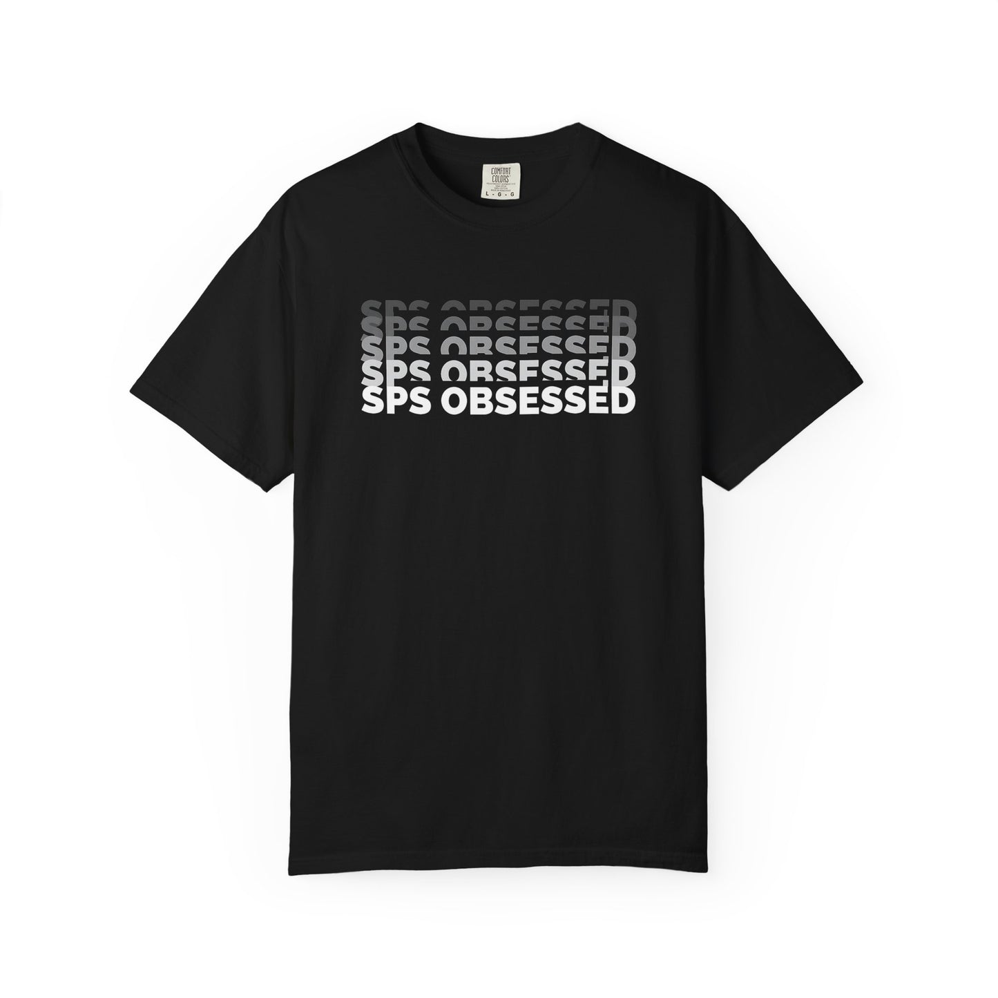 Broke Reefers saltwater aquarium graphic t-shirt featuring a modern, layered 'glitch' text design that reads: SPS OBSESSED, black crew neck tee