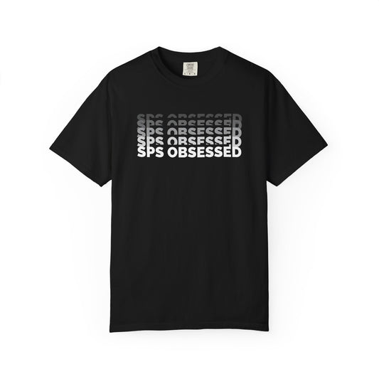 Broke Reefers saltwater aquarium graphic t-shirt featuring a modern, layered 'glitch' text design that reads: SPS OBSESSED, black crew neck tee