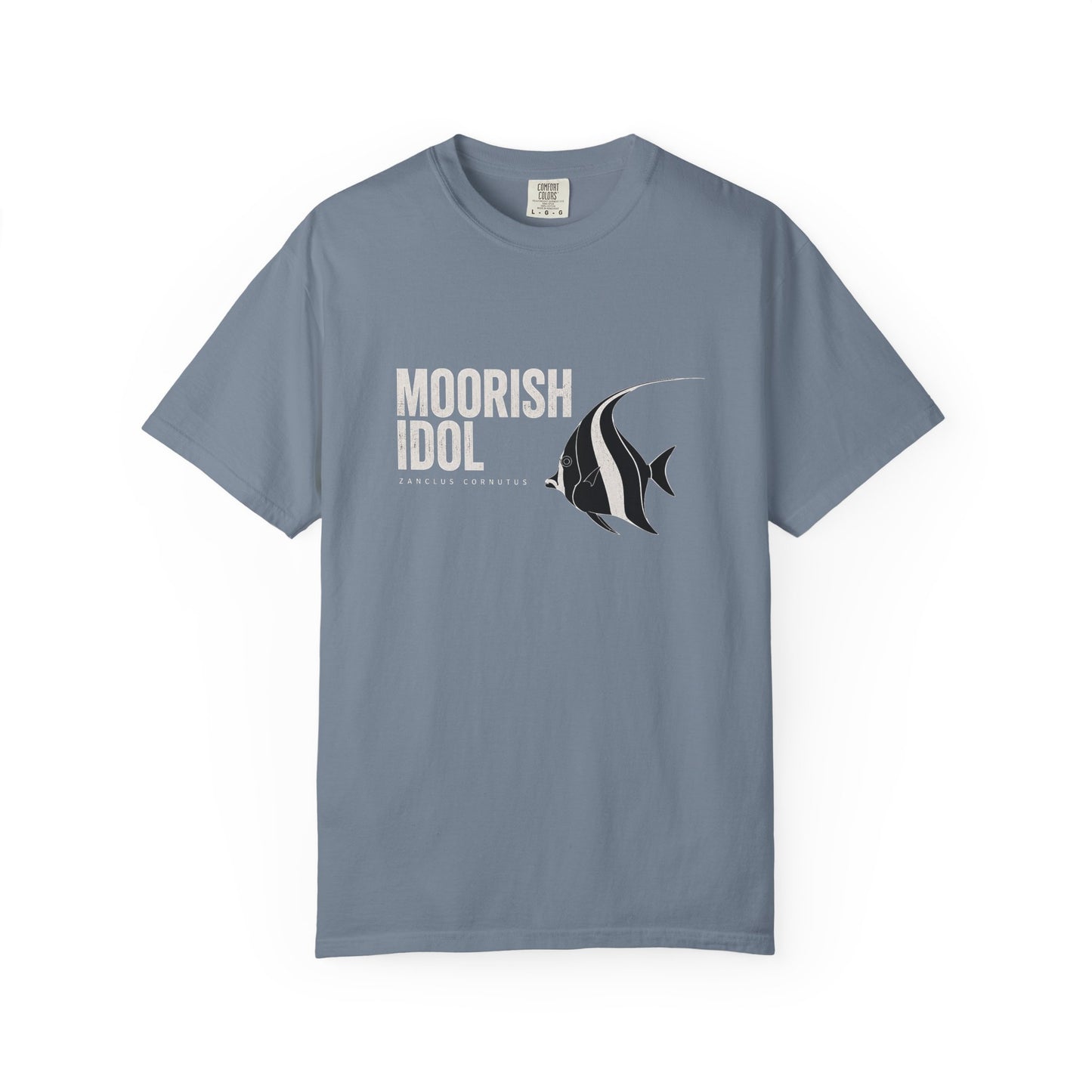 Broke Reefers graphic t-shirt featuring a stylized illustration of a Moorish Idol with the text: MOORISH IDOL, ZANCLUS CORNUTUS, blue crew neck tee