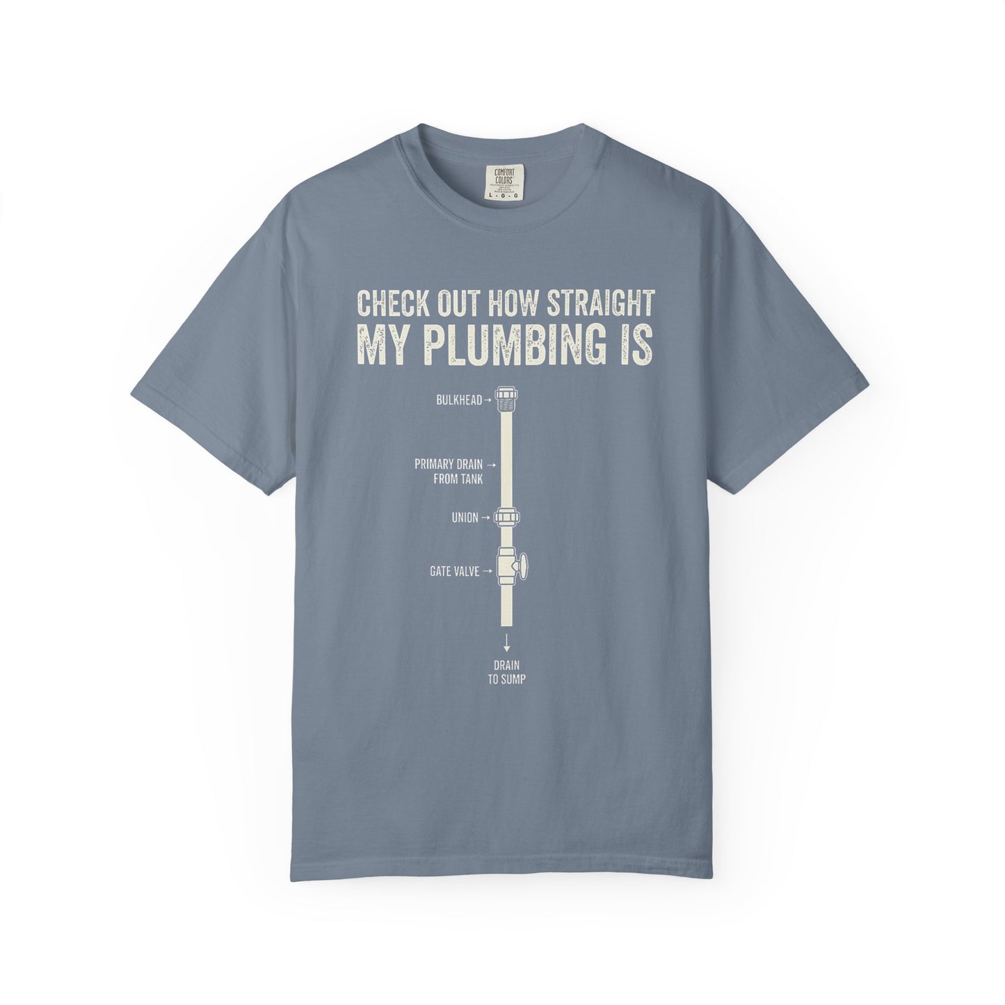 Broke Reefers graphic t-shirt featuring a plumbing diagram illustration with the text: CHECK OUT HOW STRAIGHT MY PLUMBING IS, blue crew neck tee
