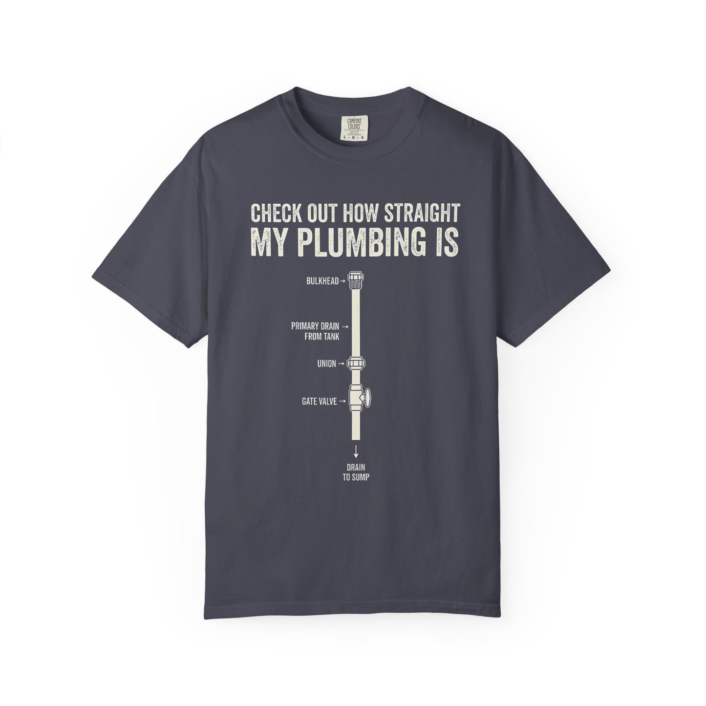 Broke Reefers graphic t-shirt featuring a plumbing diagram illustration with the text: CHECK OUT HOW STRAIGHT MY PLUMBING IS, navy crew neck tee