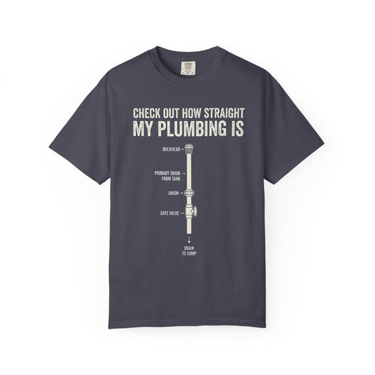 Broke Reefers graphic t-shirt featuring a plumbing diagram illustration with the text: CHECK OUT HOW STRAIGHT MY PLUMBING IS, navy crew neck tee