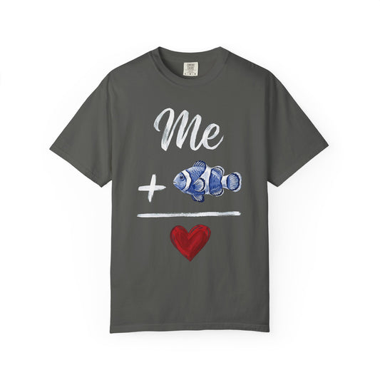 Broke Reefers saltwater aquarium graphic t-shirt featuring a hand-painted style illustration of a clownfish with the equation: Me + [Clownfish Icon] = [Heart Icon], dark khaki crew neck tee
