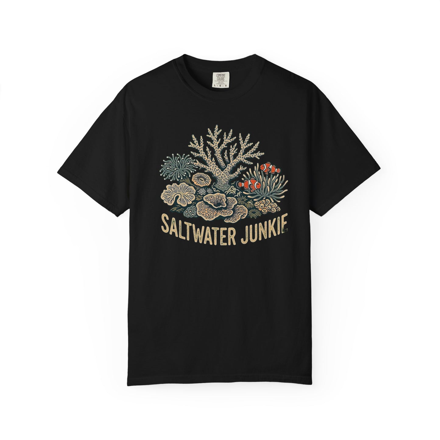 Broke Reefers graphic t-shirt featuring a detailed illustration of a coral reef with clownfish and the text: SALTWATER JUNKIE,  crew neck tee