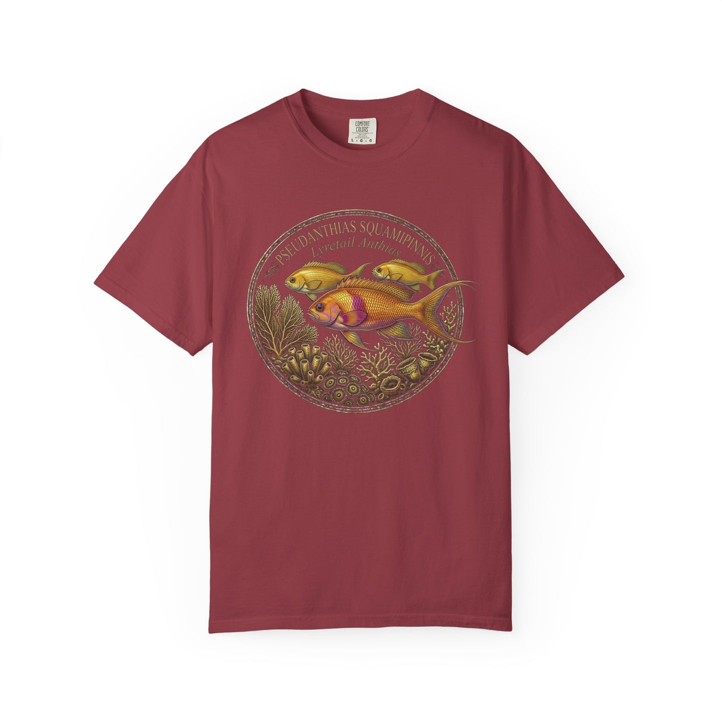 Broke Reefers graphic t-shirt featuring a detailed, circular illustration of Lyretail Anthias fish with the text: PSEUDANTHIAS SQUAMIPINNIS, Lyretail Anthias, maroon crew neck tee