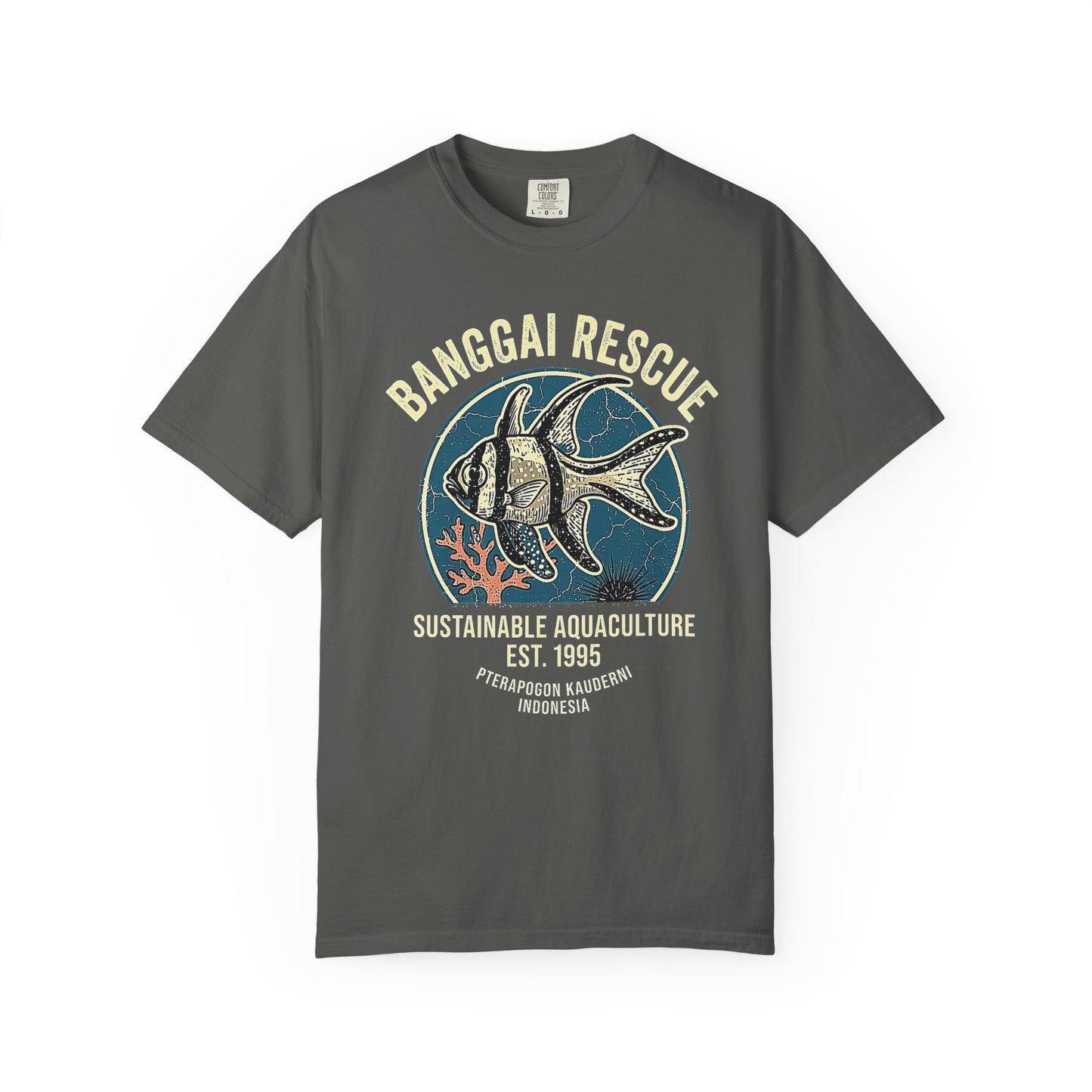 Broke Reefers saltwater aquarium graphic t-shirt featuring a detailed, vintage-style badge illustration of a Banggai Cardinalfish with the text: BANGGAI RESCUE SUSTAINABLE AQUACULTURE EST. 1995 PTERAPOGON KAUDERNI INDONESIA, dark khaki crew neck tee