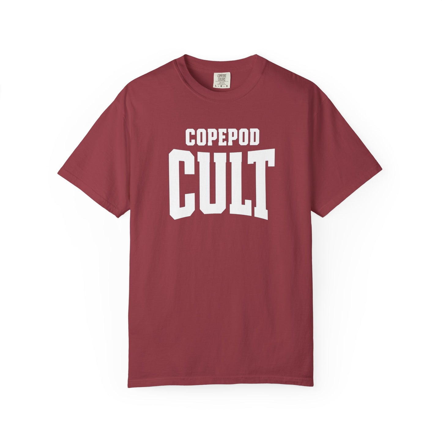 Broke Reefers saltwater aquarium graphic t-shirt featuring bold, collegiate-style typography that reads: COPEPOD CULT, maroon crew neck tee