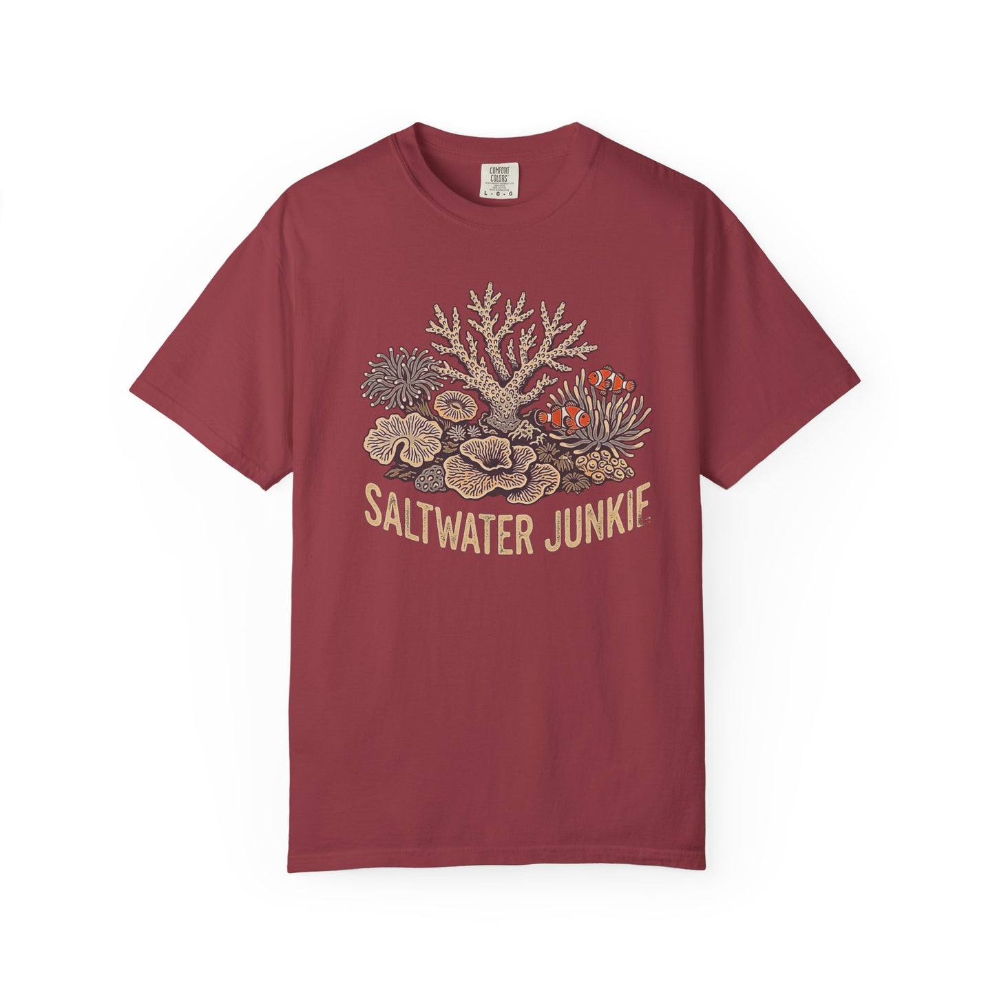 Broke Reefers graphic t-shirt featuring a detailed illustration of a coral reef with clownfish and the text: SALTWATER JUNKIE, marron crew neck tee