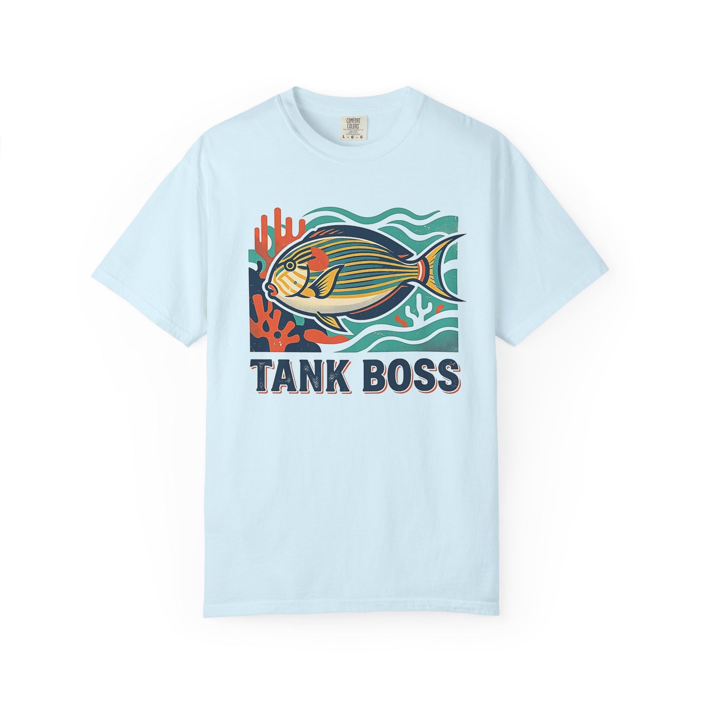 Broke Reefers saltwater aquarium graphic t-shirt featuring a stylized graphic illustration of a Lined Surgeonfish on coral with the text: TANK BOSS, light blue crew neck tee