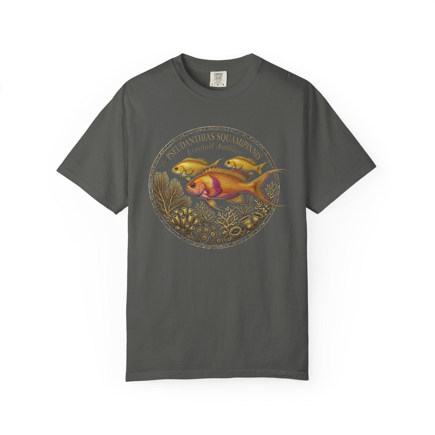 Broke Reefers graphic t-shirt featuring a detailed, circular illustration of Lyretail Anthias fish with the text: PSEUDANTHIAS SQUAMIPINNIS, Lyretail Anthias, dark grey crew neck tee