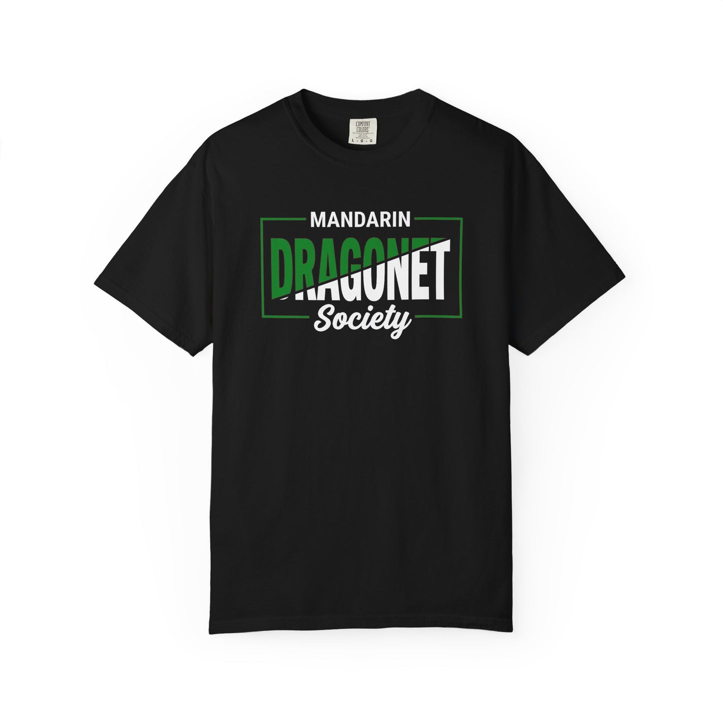 Broke Reefers saltwater aquarium graphic t-shirt featuring modern, bold typography that reads: MANDARIN DRAGONET Society, black crew neck tee