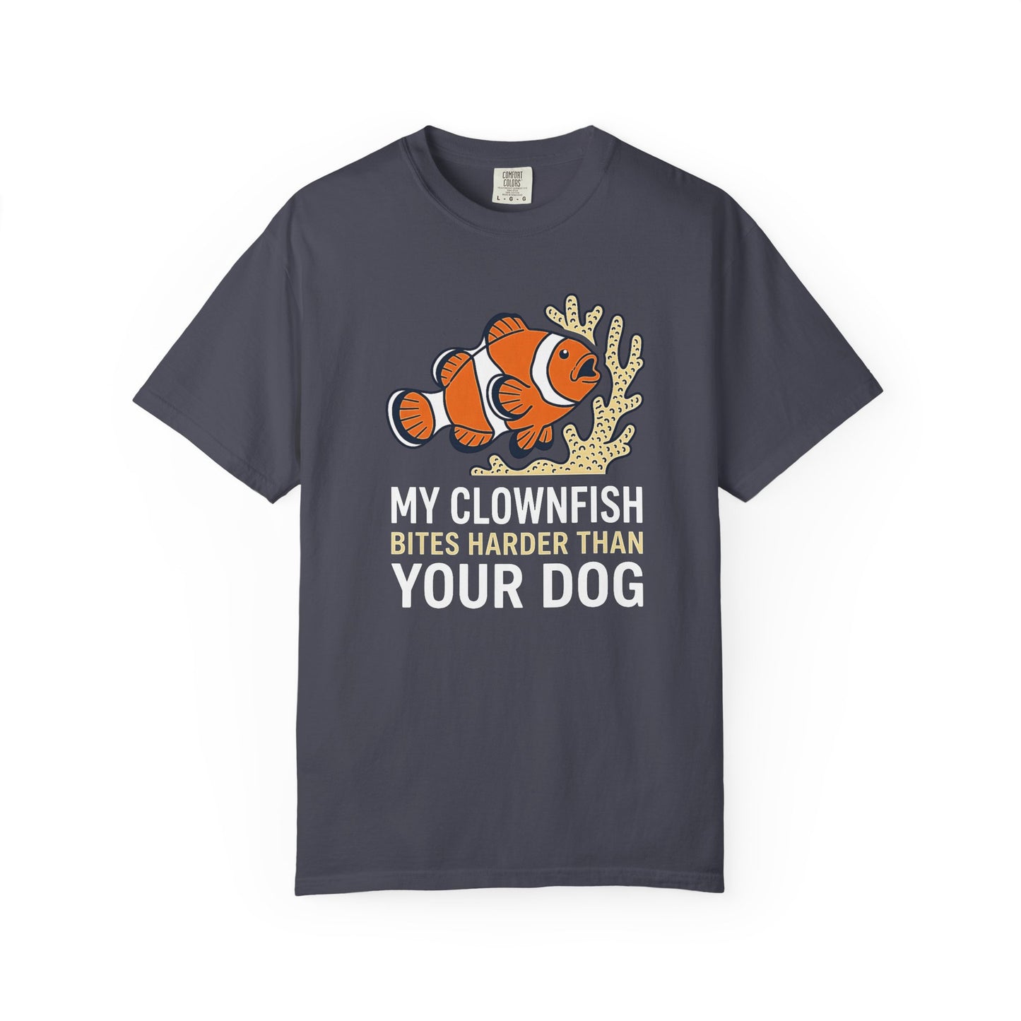 Broke Reefers saltwater aquarium graphic t-shirt featuring an illustration of a clownfish on coral with the text: MY CLOWNFISH BITES HARDER THAN YOUR DOG, navy crew neck tee