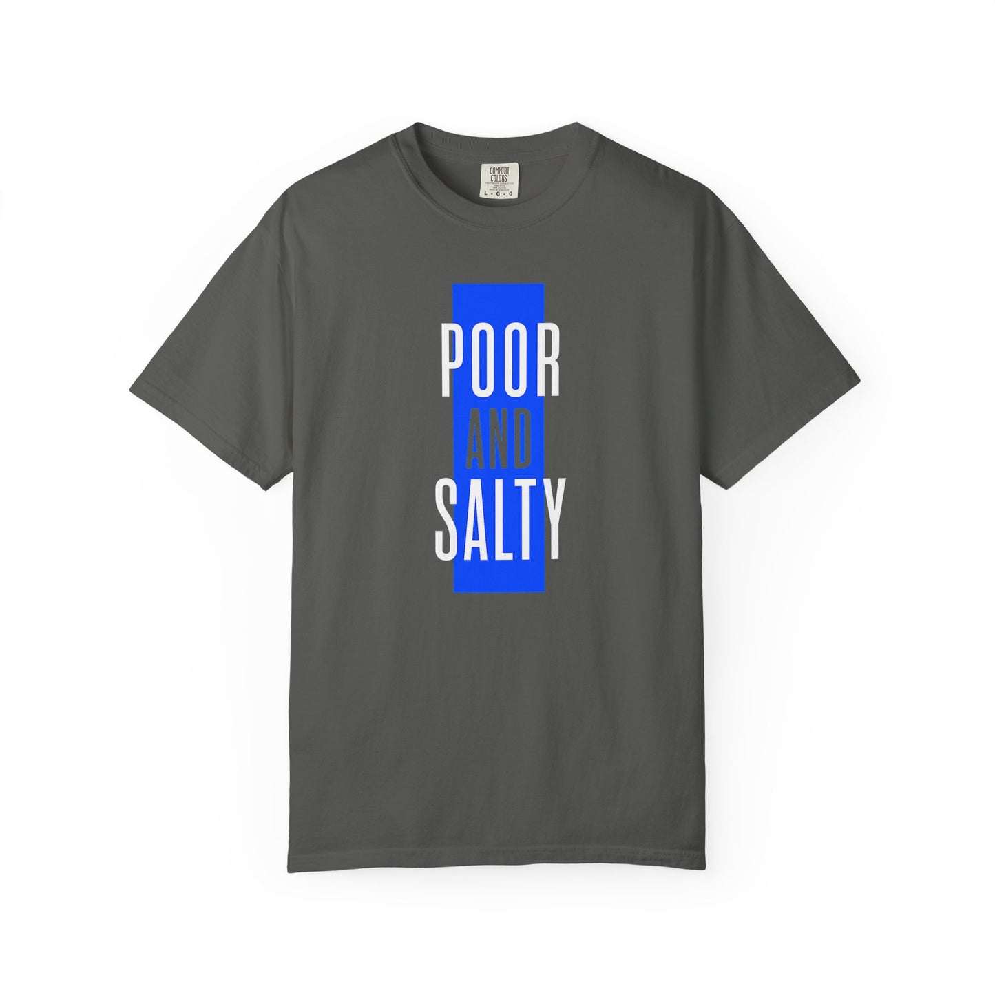 Broke Reefers saltwater aquarium graphic t-shirt featuring a bold, minimalist color-blocked text design that reads: POOR AND SALTY, dark khaki crew neck tee