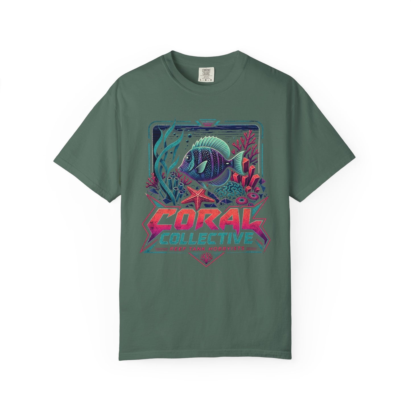 Broke Reefers graphic t-shirt featuring a vibrant illustration of a reef scene with a centerpiece fish and text reading: CORAL COLLECTIVE: REEF TANK HOBBYISTS, military green crew neck tee