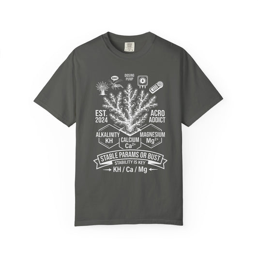 Broke Reefers saltwater aquarium graphic t-shirt featuring a detailed scientific illustration of SPS coral and water chemistry parameters with the text: ACRO ADDICT STABLE PARAMS OR BUST, dark khaki crew neck tee