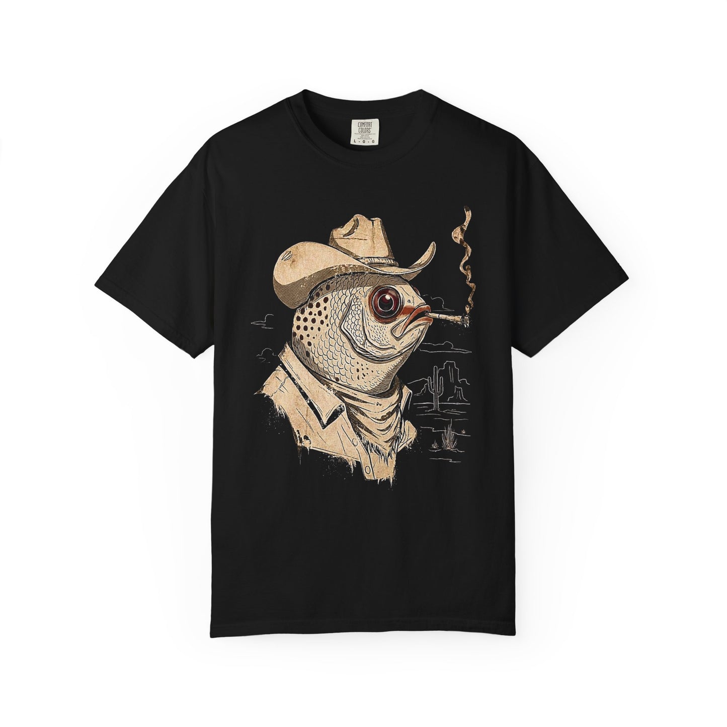 Broke Reefers saltwater aquarium graphic t-shirt featuring a moody, artistic illustration of a fish dressed as a cowboy in the desert, black crew neck tee