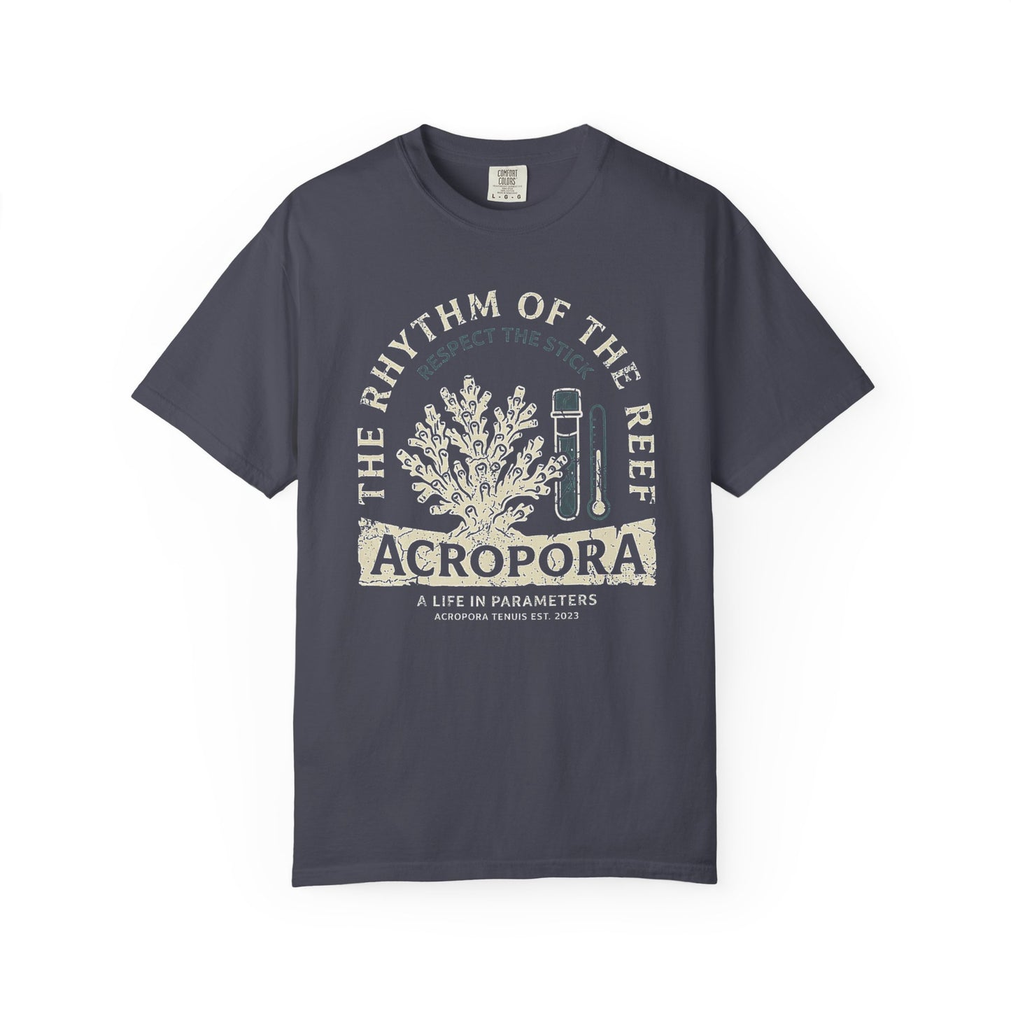 Broke Reefers graphic t-shirt featuring an illustration of an Acropora coral colony and testing tools with the text: THE RHYTHM OF THE REEF, ACROPORA, A LIFE IN PARAMETERS, navy crew neck tee