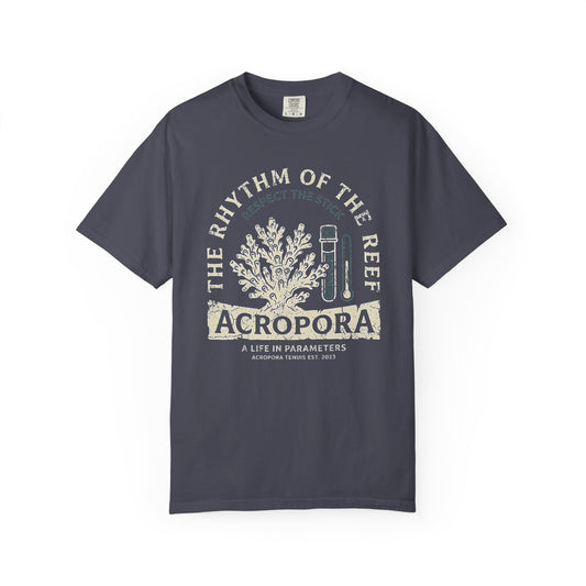 Broke Reefers graphic t-shirt featuring an illustration of an Acropora coral colony and testing tools with the text: THE RHYTHM OF THE REEF, ACROPORA, A LIFE IN PARAMETERS, navy crew neck tee
