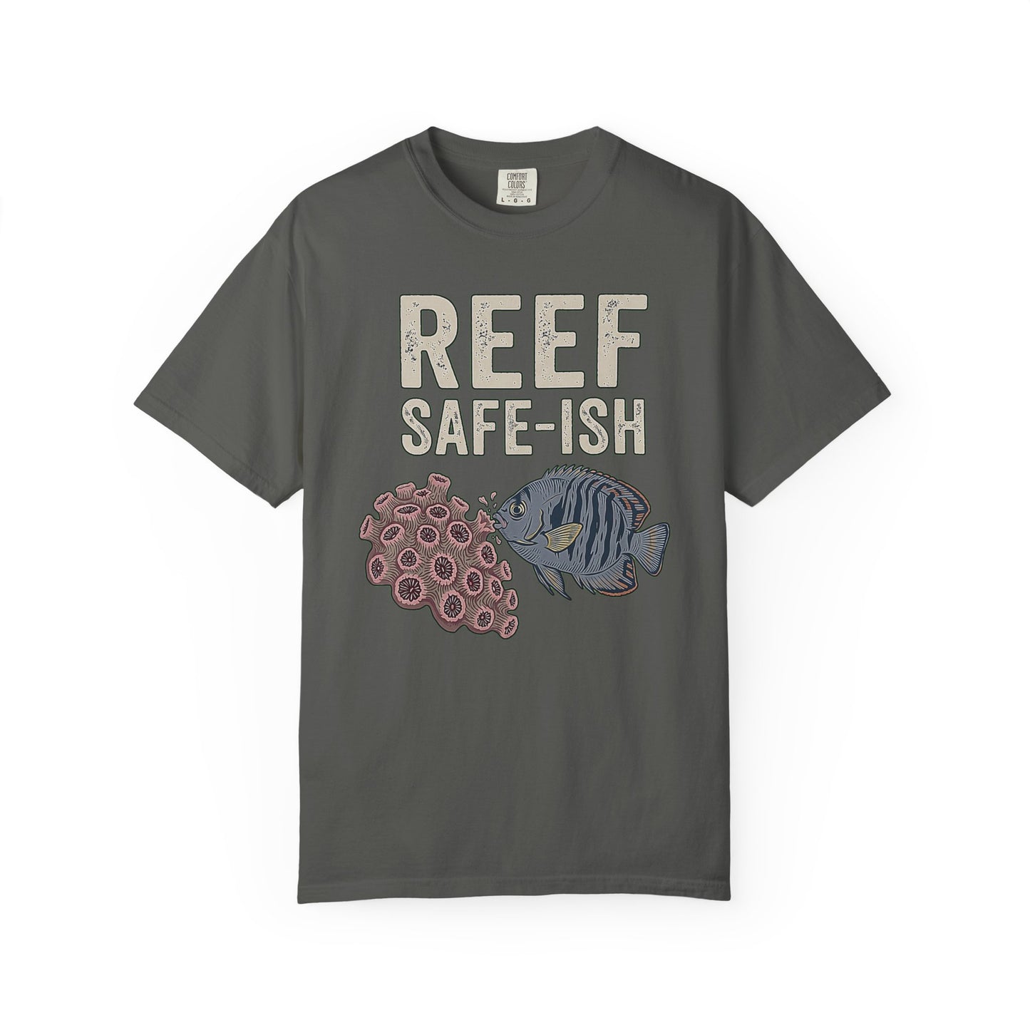 Broke Reefers graphic t-shirt featuring an illustration of a fish and coral with the text: REEF SAFE-ISH, military green crew neck tee
