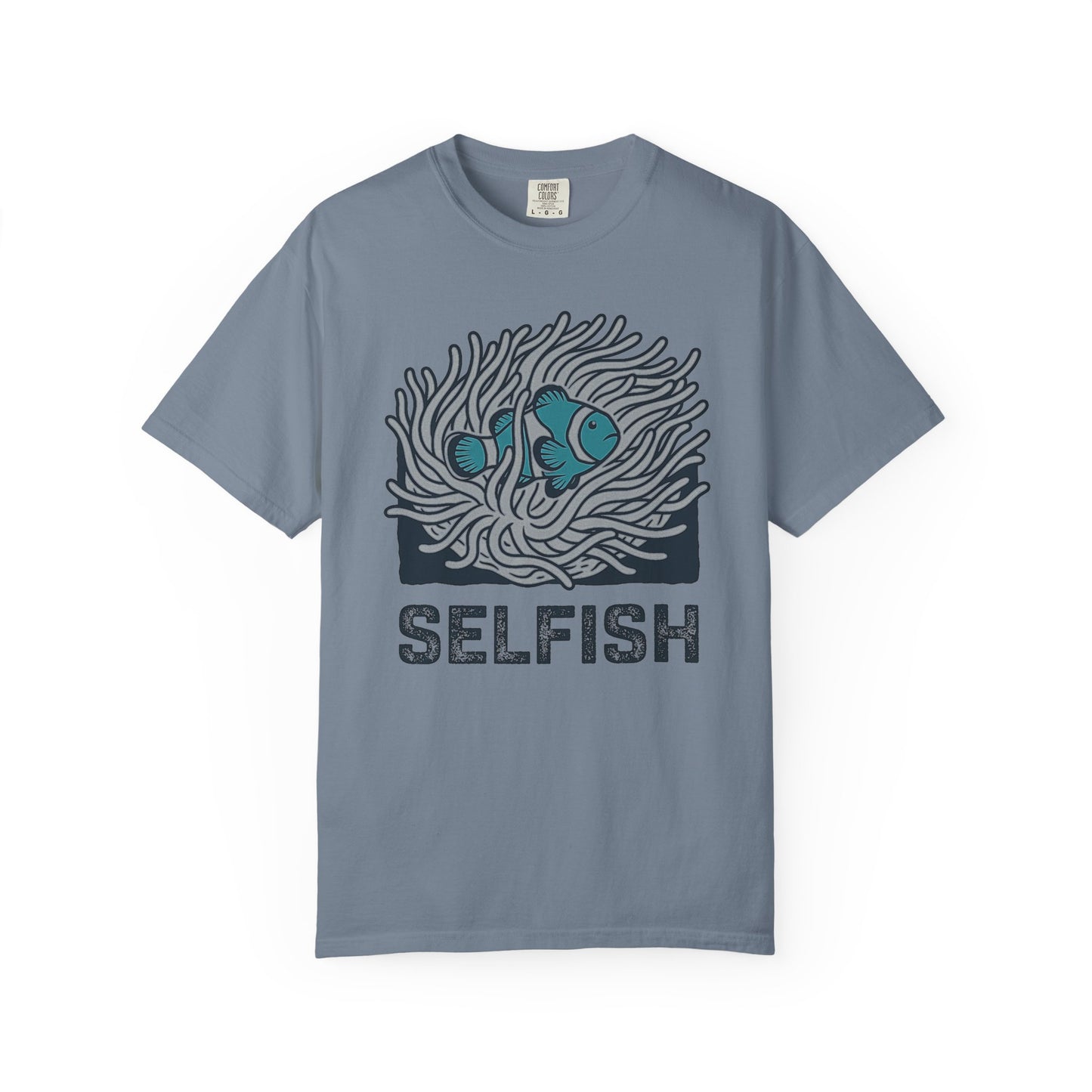 Broke Reefers graphic t-shirt featuring a minimalist illustration of a clownfish in an anemone with the text SELFISH, [Color] crew neck tee.