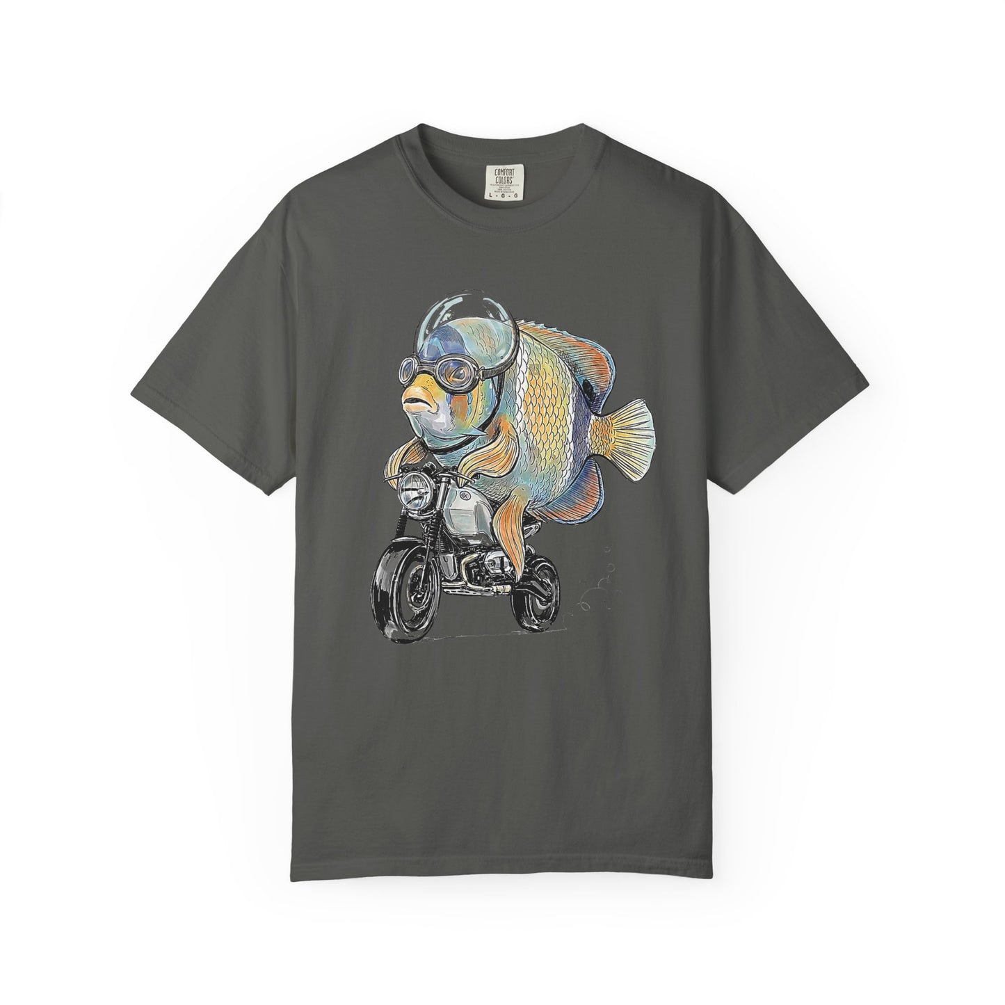 Broke Reefers saltwater aquarium graphic t-shirt featuring a detailed, whimsical illustration of a Majestic Angelfish in a bubble helmet riding a motorcycle, dark khaki crew neck tee