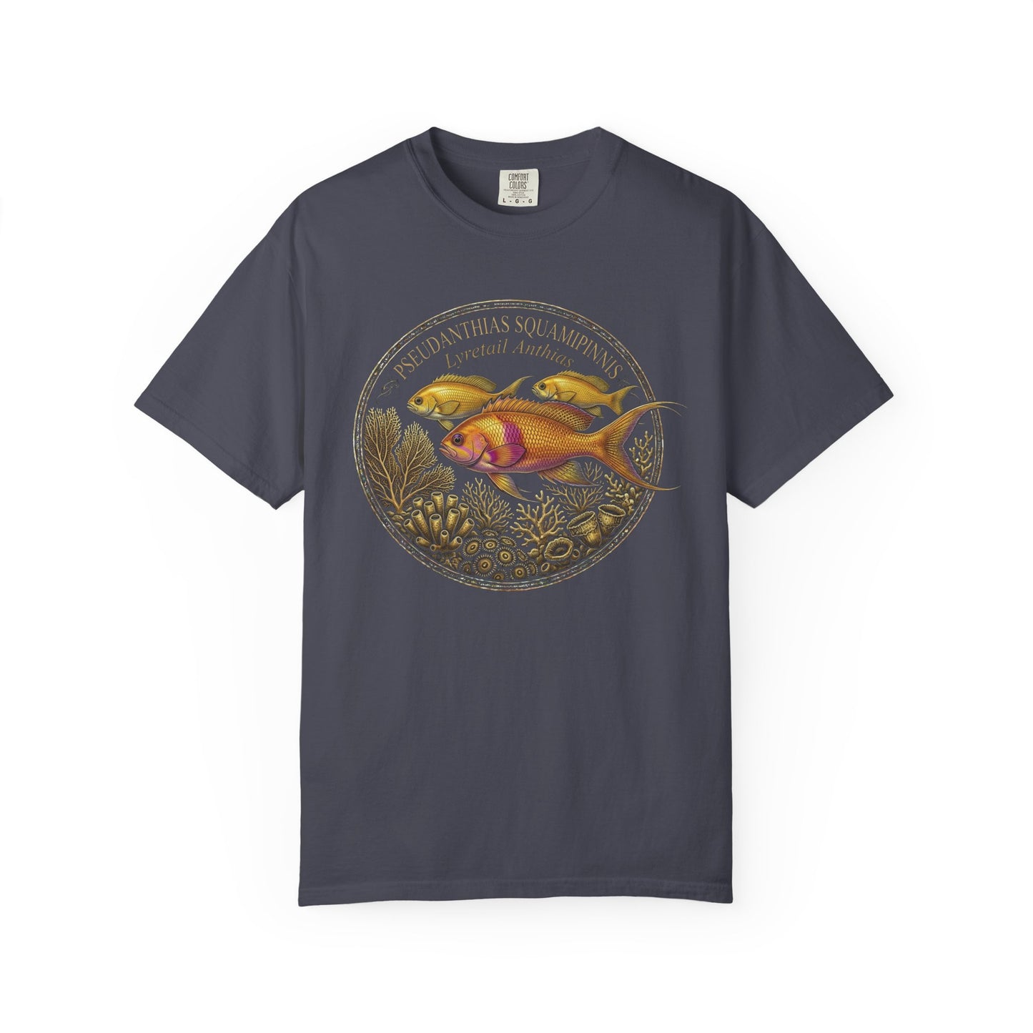 Broke Reefers graphic t-shirt featuring a detailed, circular illustration of Lyretail Anthias fish with the text: PSEUDANTHIAS SQUAMIPINNIS, Lyretail Anthias, navy crew neck tee