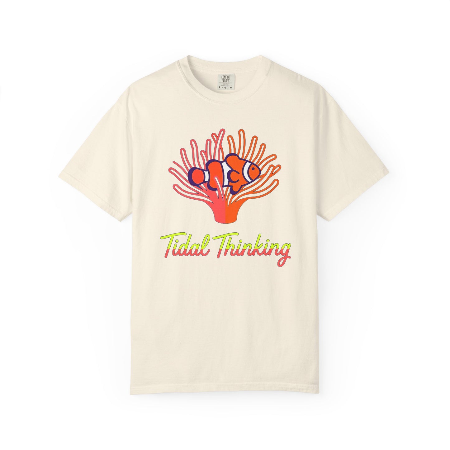Broke Reefers saltwater aquarium graphic t-shirt featuring a vibrant illustration of a clownfish in an anemone with the text: Tidal Thinking, beige cream crew neck tee