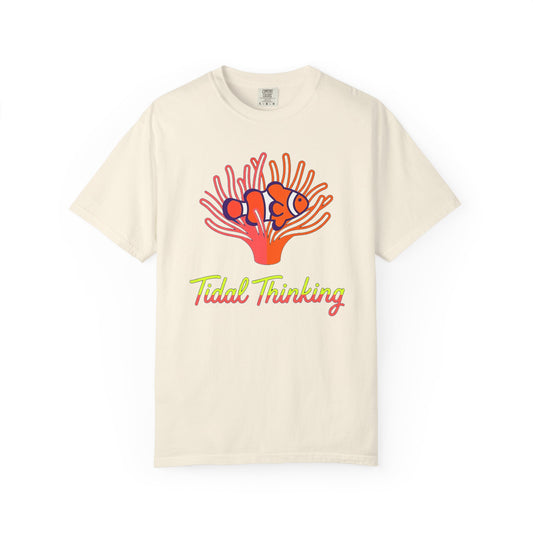 Broke Reefers saltwater aquarium graphic t-shirt featuring a vibrant illustration of a clownfish in an anemone with the text: Tidal Thinking, beige cream crew neck tee
