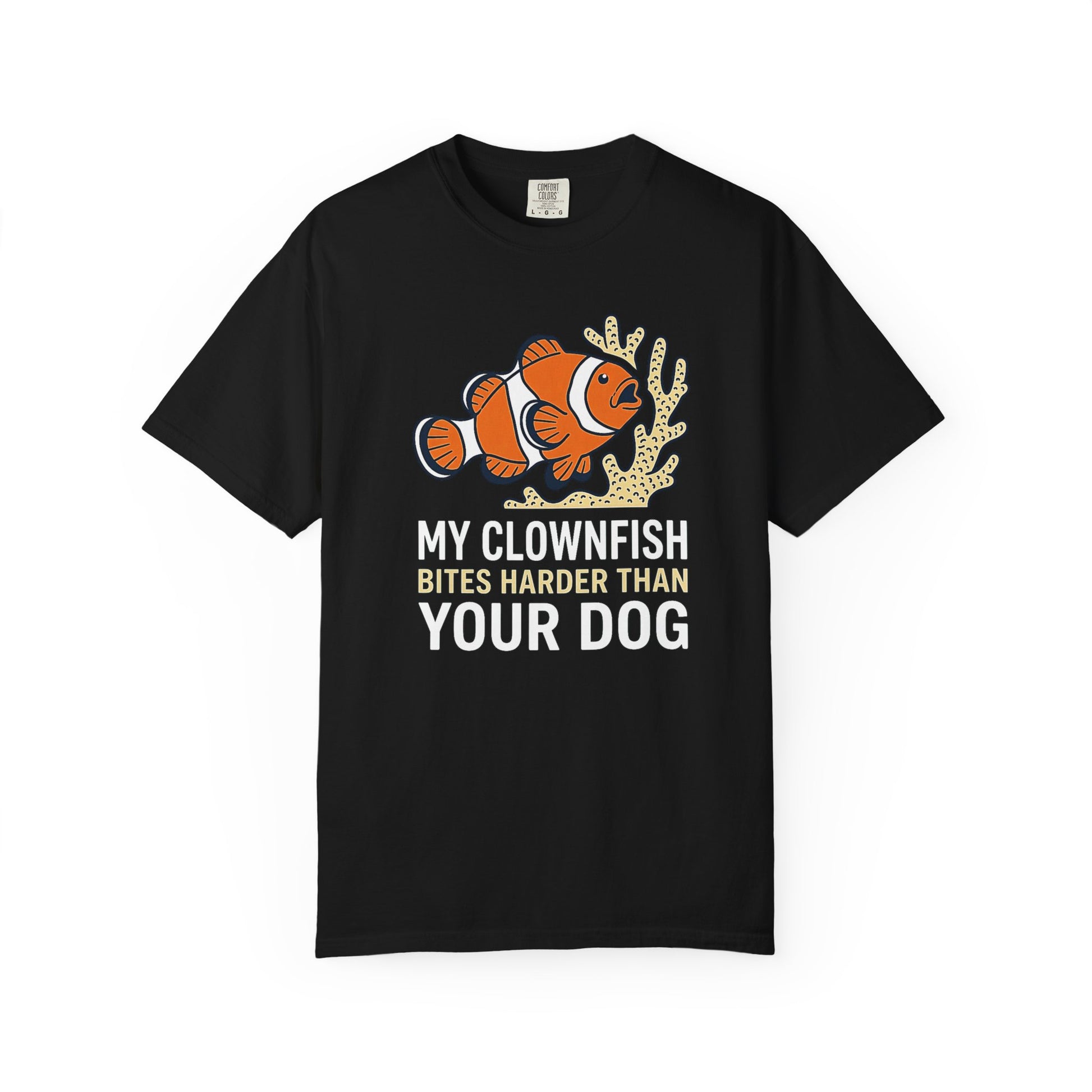 Broke Reefers saltwater aquarium graphic t-shirt featuring an illustration of a clownfish on coral with the text: MY CLOWNFISH BITES HARDER THAN YOUR DOG, black crew neck tee