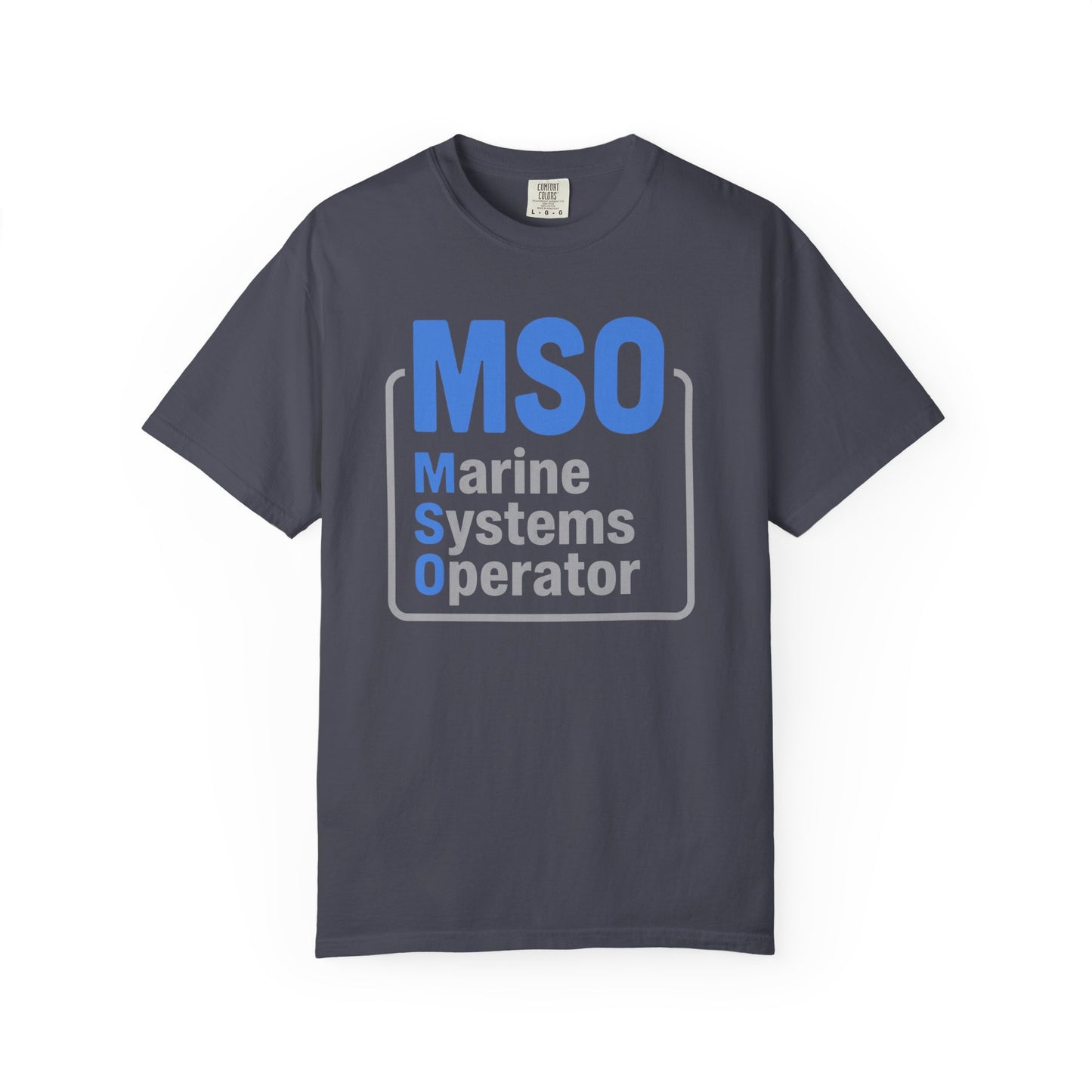 Broke Reefers saltwater aquarium graphic t-shirt featuring modern, bold typography that reads: MSO Marine Systems Operator, navy crew neck tee