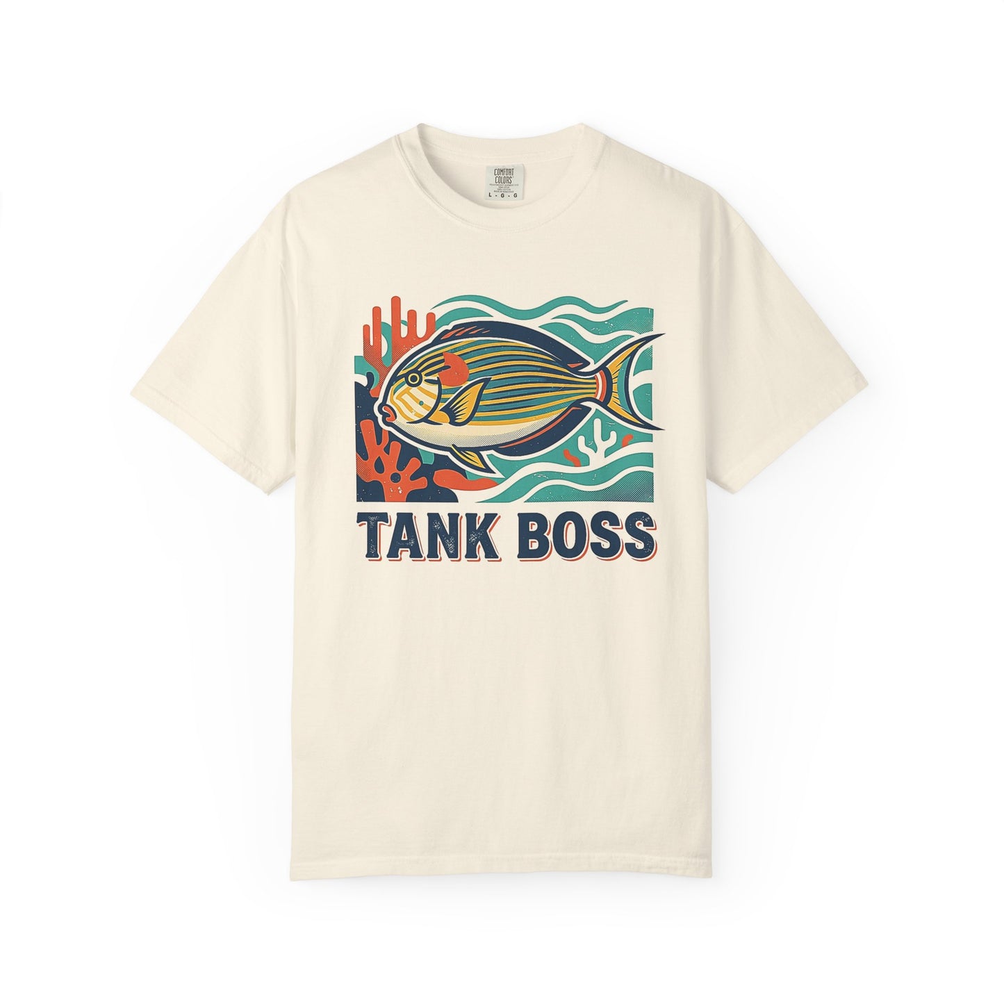 Broke Reefers saltwater aquarium graphic t-shirt featuring a stylized graphic illustration of a Lined Surgeonfish on coral with the text: TANK BOSS, beige cream crew neck tee