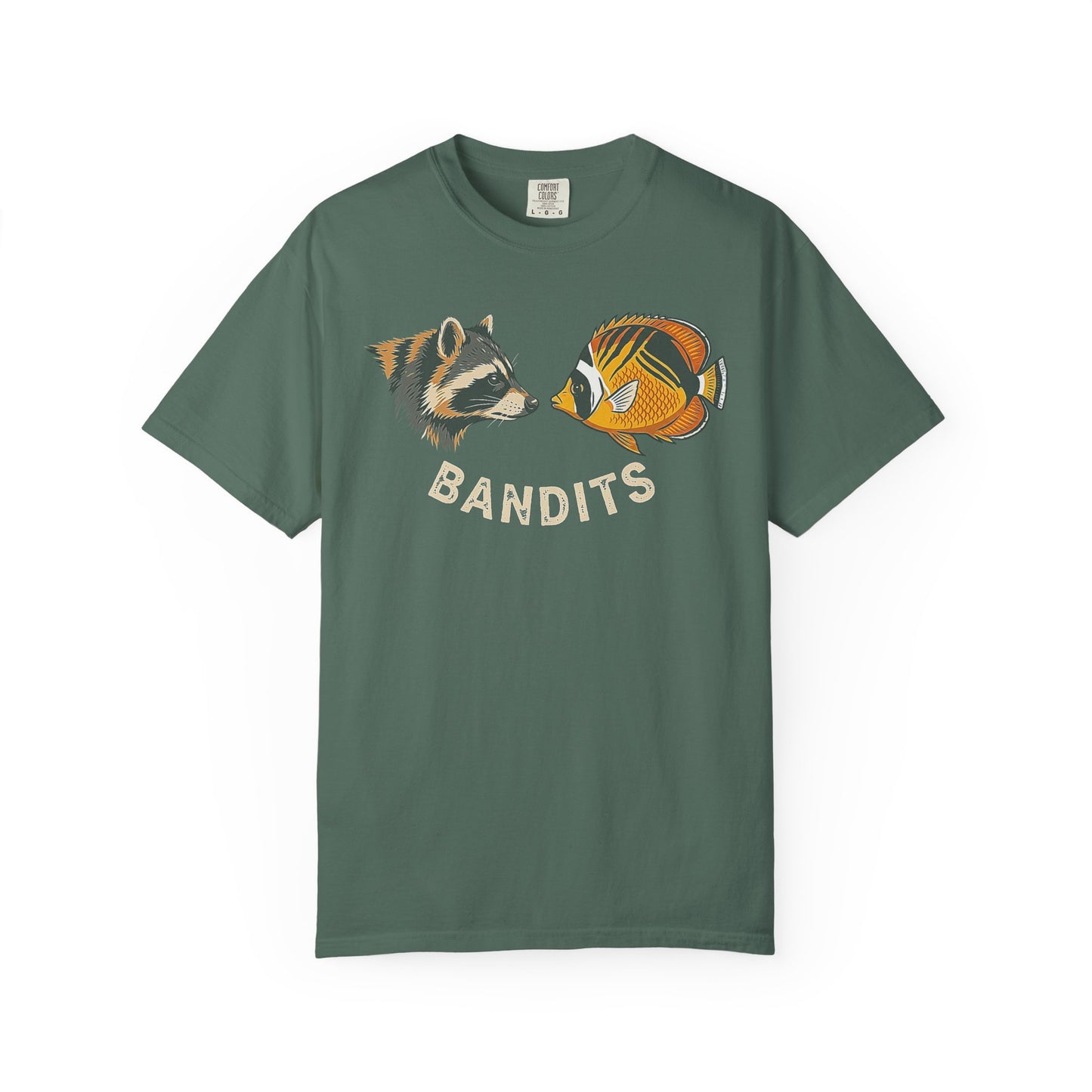 Broke Reefers saltwater aquarium graphic t-shirt featuring a paired illustration of a raccoon and a Raccoon Butterflyfish with the text: BANDITS, military green crew neck tee