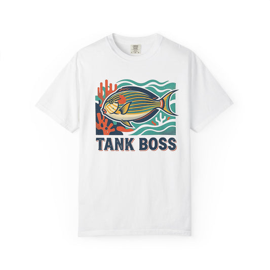 Broke Reefers saltwater aquarium graphic t-shirt featuring a stylized graphic illustration of a Lined Surgeonfish on coral with the text: TANK BOSS, white crew neck tee