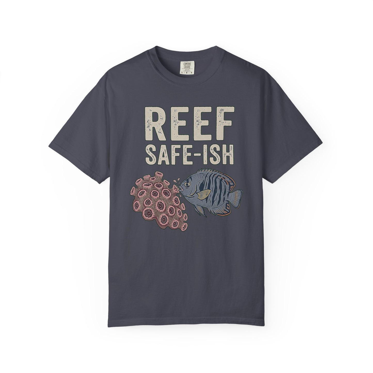 Broke Reefers graphic t-shirt featuring an illustration of a fish and coral with the text: REEF SAFE-ISH, navy crew neck tee