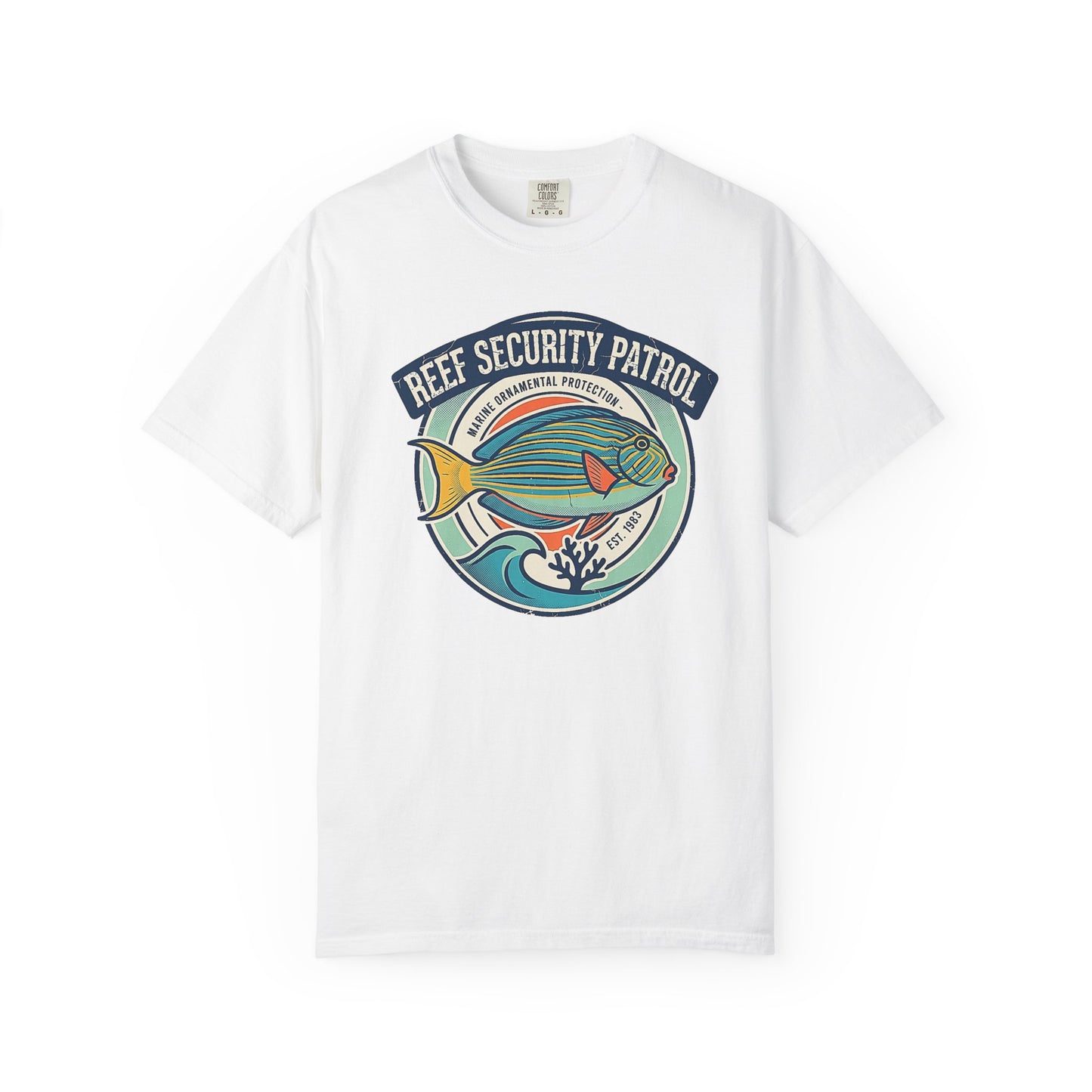 Broke Reefers saltwater aquarium graphic t-shirt featuring a vintage badge-style illustration of a saltwater fish with text reading: REEF SECURITY PATROL, MARINE ORNAMENTAL PROTECTION, EST. 1983, white crew neck tee