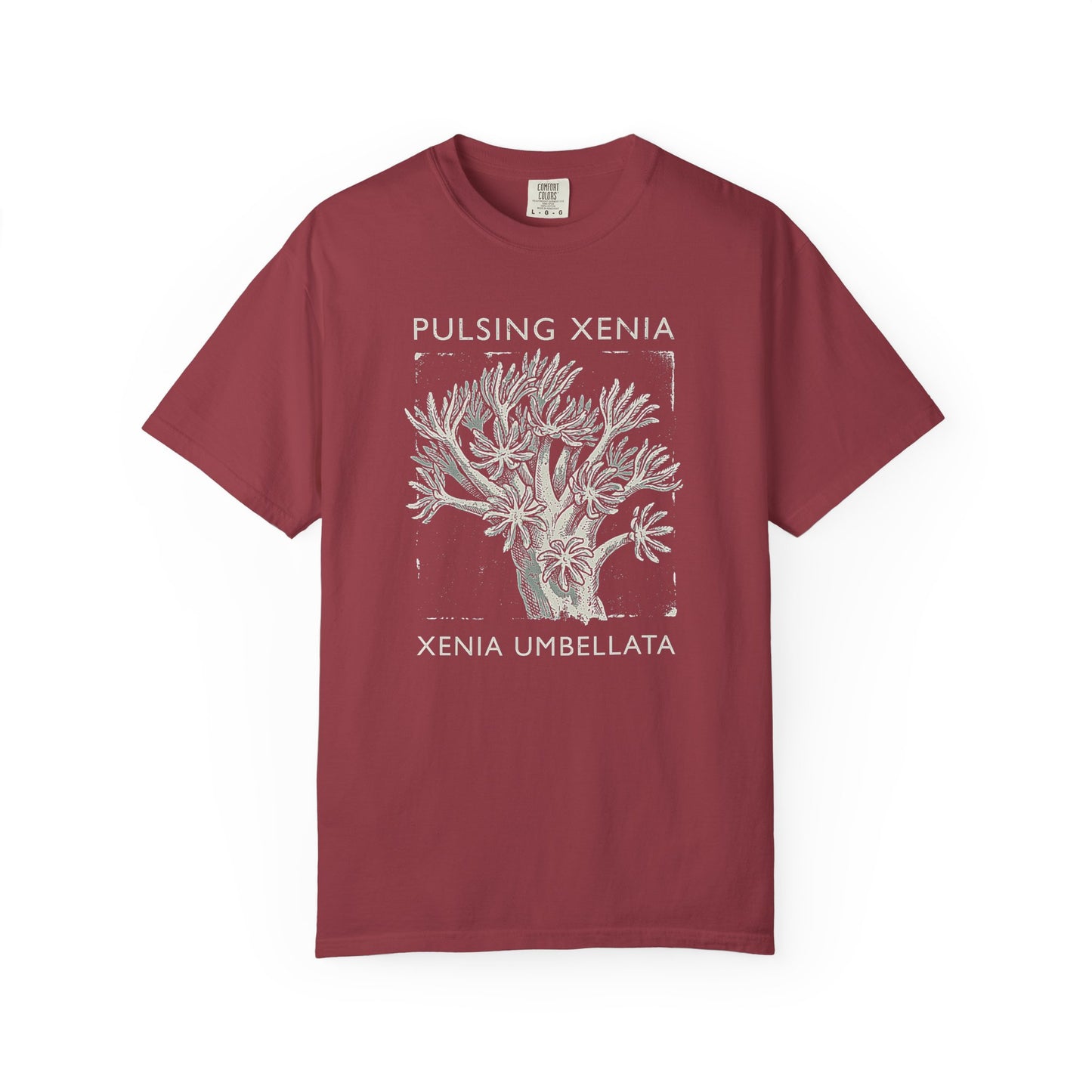 Broke Reefers graphic t-shirt featuring a detailed illustration of Pulsing Xenia coral with the text: PULSING XENIA, XENIA UMBELLATA, maroon crew neck tee