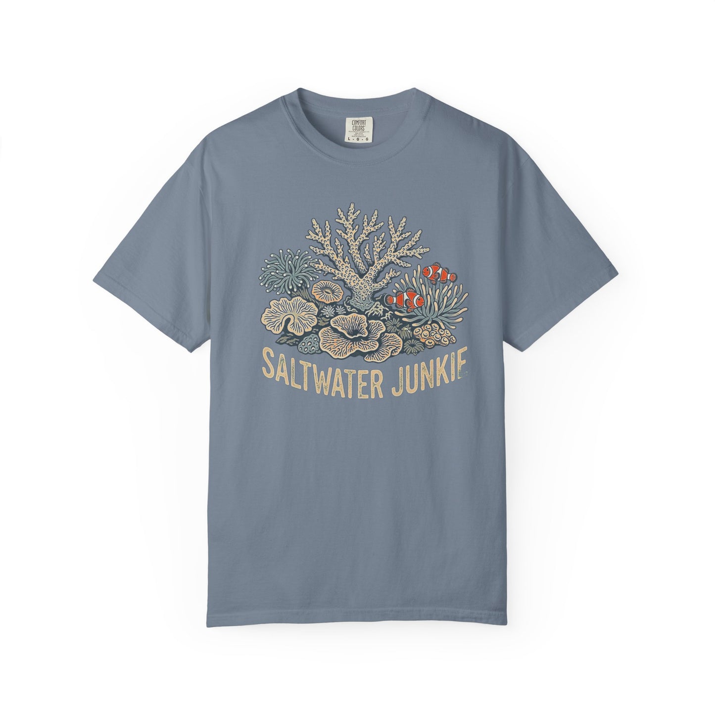 Broke Reefers graphic t-shirt featuring a detailed illustration of a coral reef with clownfish and the text: SALTWATER JUNKIE, blue crew neck tee