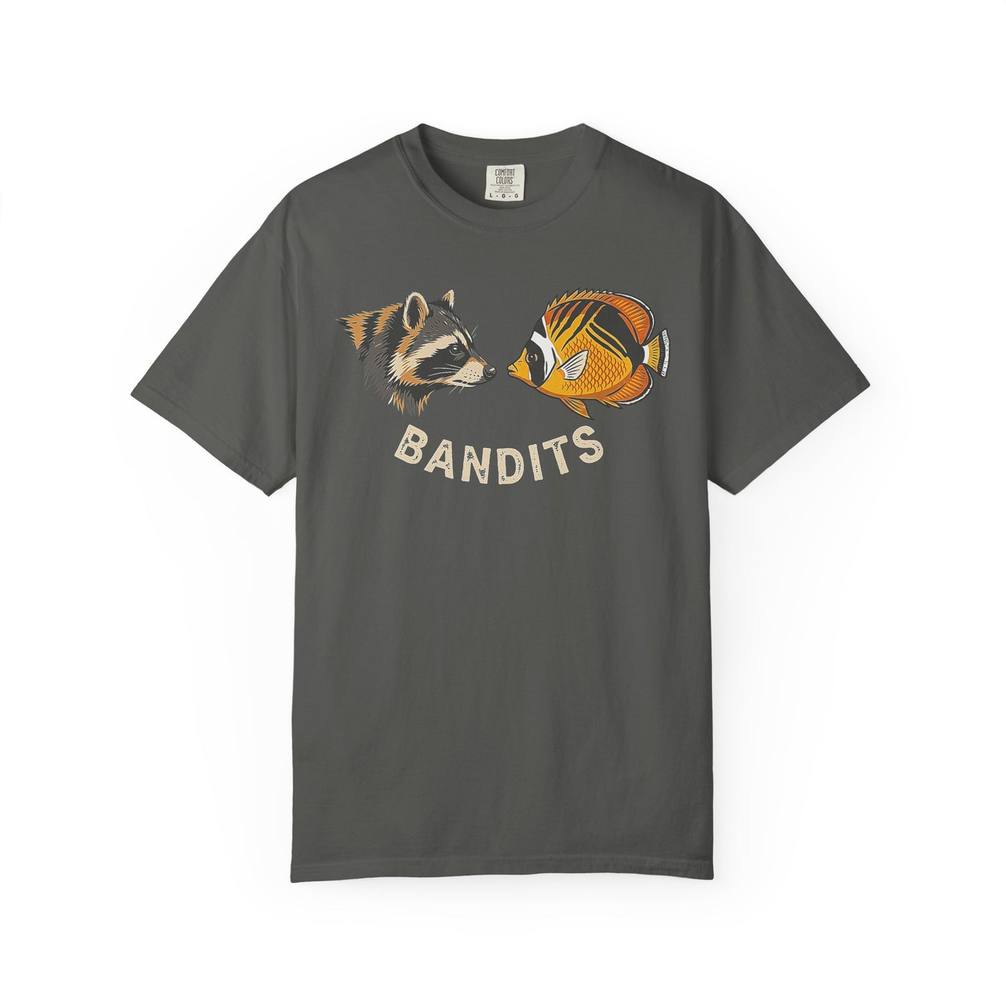 Broke Reefers saltwater aquarium graphic t-shirt featuring a paired illustration of a raccoon and a Raccoon Butterflyfish with the text: BANDITS, dark khaki crew neck tee